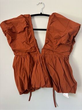 SHEIN Aralina - Rust Deep V-Neck Puff Sleeve Peplum Top